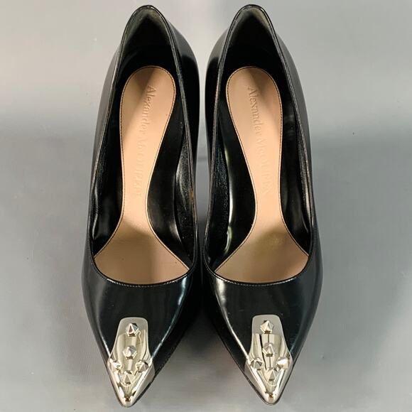 ALEXANDER MCQUEEN Size 9.5 Black Silver Spikes Leather Stiletto Heels Pumps - Picture 4 of 10
